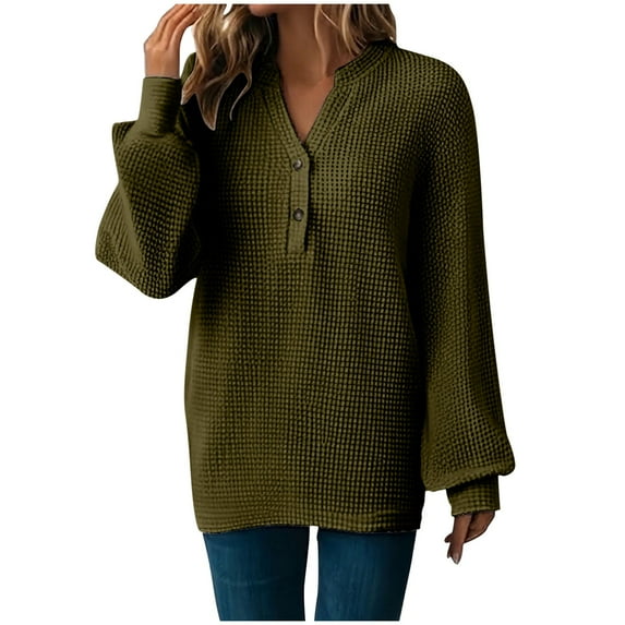 Womens Waffles Knit Tops, Dressy Casual Button V-Neck Pullover Shirts, Long Sleeve Blouses Fall Basic Tunic Tee Green XXL