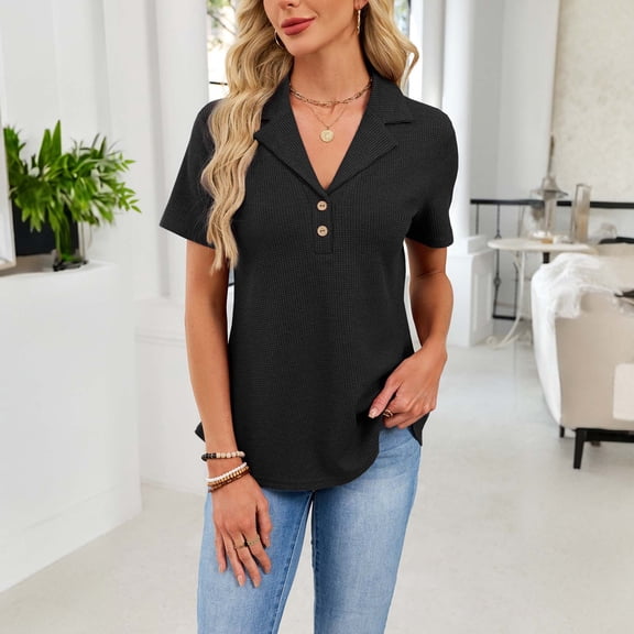 Womens Waffles Knit Tops Short Sleeve Button V Neck Shirts Dressy Casual Tunic Blouses T-Shirt Black S