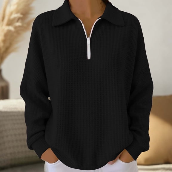 Womens Waffles Sweaters 1/4 Zip Long Sleeve Pullover Tops V Neck Dressy Casual Sweatshirts Fall Winter Shirt Black L