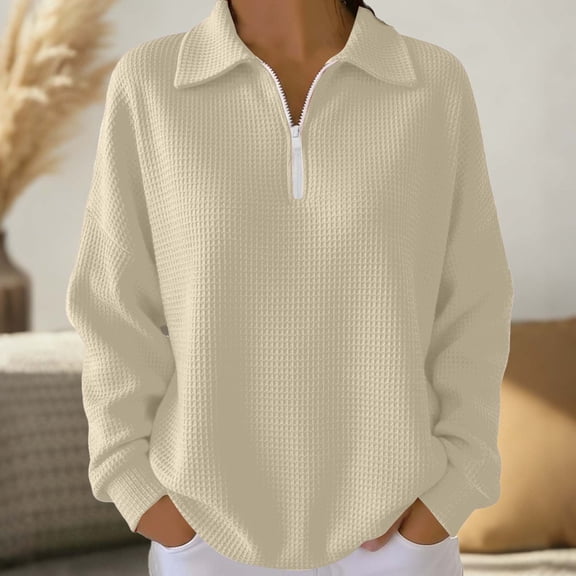 Womens Waffles Sweaters 1/4 Zip Long Sleeve Pullover Tops V Neck Dressy Casual Sweatshirts Fall Winter Shirt Khaki M