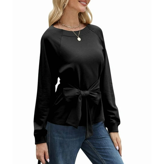 Womens Waist Tie Knot Sweatshirt Long Raglan Sleeve Tunic Pullover Crew Neck Elegant Workout Fall Blouse Black XL