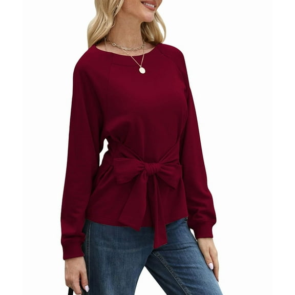 Womens Waist Tie Knot Sweatshirt Long Raglan Sleeve Tunic Pullover Crew Neck Elegant Workout Fall Blouse Wine Red S