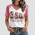 thumbnail image 1 of Womens Walk By Faith Short Sleeve Shirt Christian Bible Verse Print V Neck Shirts Walking By Faith Tripping Constantly Highland Cow Tee, 1 of 4