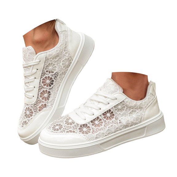 Womens Walking Cute Sneakers Thick Sole Walking Shoes Platform Non Slip Chunky Flower Lace Elegant Wedding Shoes White Size 5.5
