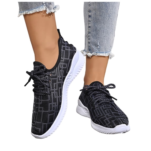 Womens Walking Shoes Fashion Color Block Lightweight Mesh Lace up Running Shoes Soft Sole Casual Slip on Sneakers Black Size 9