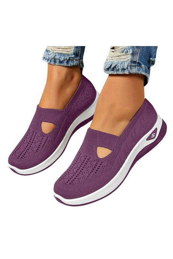 Womens Walking Shoes Knit Mesh Slip on LoafersComfortable Arch Support Antislip Orthopedic Shoes Workout Sneakers Dark Purple Size 9.5