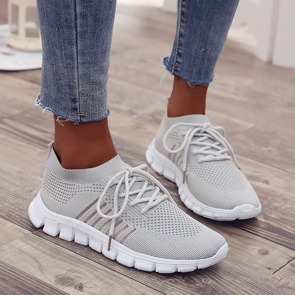 Womens Walking Shoes Lightweight Sneakers Breathable Knit Running Shoes Lace Up Athletic Trainers Casual Fitness Shoes