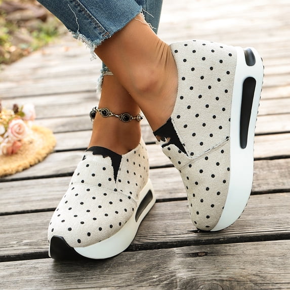Womens Walking Shoes, Polka Dot Sneakers Women Slip On Platform Polka Dot Sneakers No Tie Low Top Thick Shole Chunky Slip On Sneaker Casual Walking Comfortable Daily Outdoor Footwear Vintage Trendy