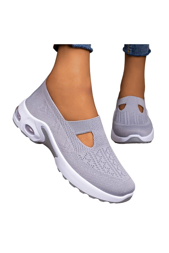 Womens Walking Shoes Slip on Knit Mesh Loafers Air Cushion Sneakers Comfy Arch Support Workout Gym Nursing Shoes Gray Size 6.5