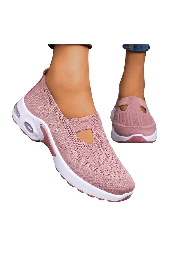 Womens Walking Shoes Slip on Knit Mesh Loafers Air Cushion Sneakers Comfy Arch Support Workout Gym Nursing Shoes Pink Size 7