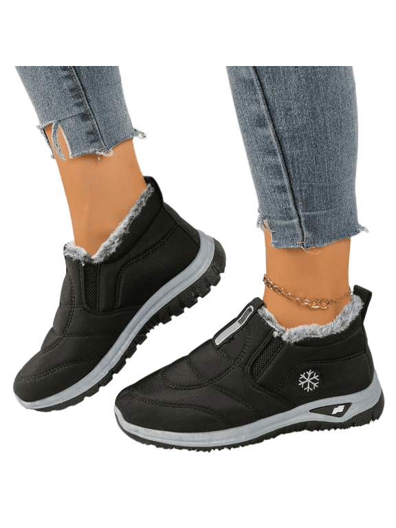 Womens Walking Shoes, Womens Boots, Women Winter Snow Boots Comfortable Warm Fur Lined Slip On Ankle Boots Lightweight Waterproof Outdoor Booties, Black US-5/EU-36