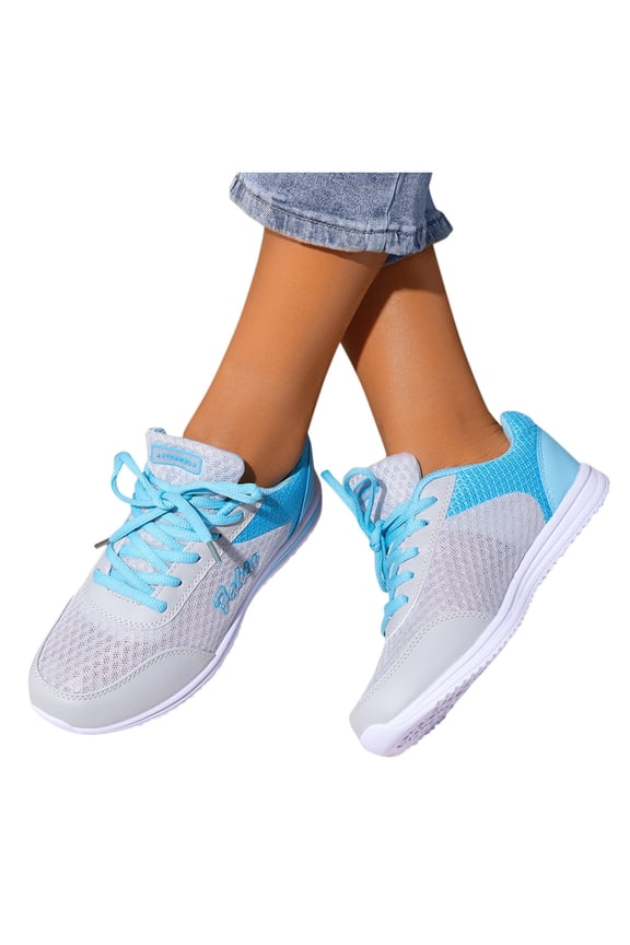Womens Walking Sneakers Lace up Mesh Running Shoes Non Slip Outsole Fashion Color Block Lightweight Athletic Shoes for Daily Wear Sky Blue Size 7.5