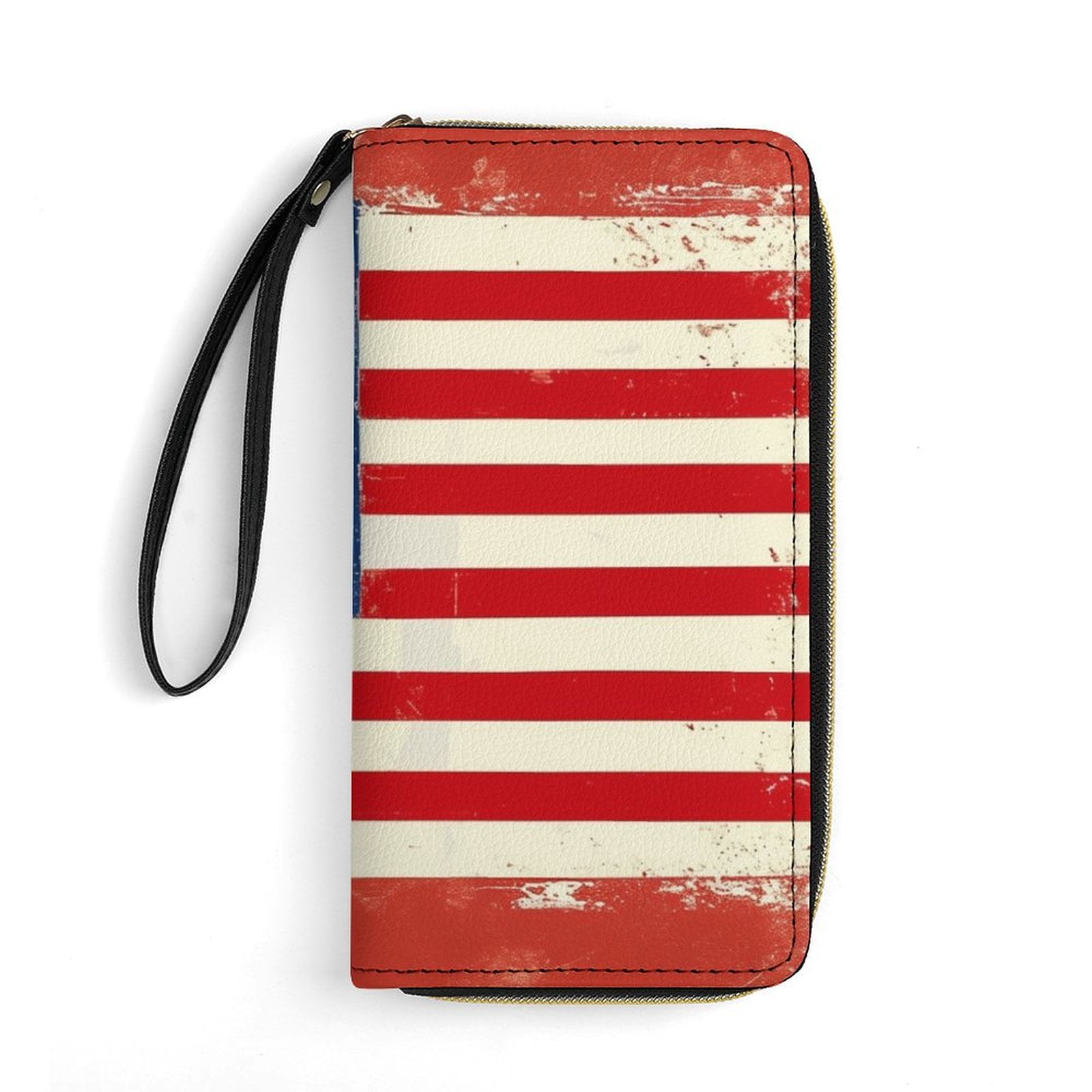 Womens Wallet Bifold Ladies Cluth Bag Wristlet Wrist Strap Long Purse American Flag Design