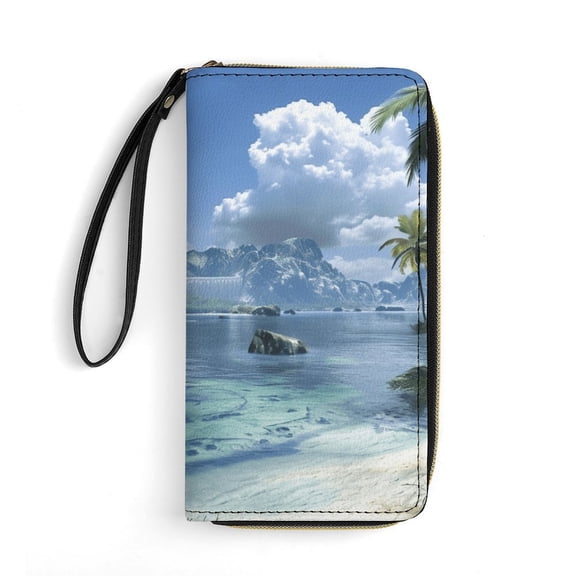 Womens Wallet Bifold Ladies Cluth Bag Wristlet Wrist Strap Long Purse Beach Ocean Design