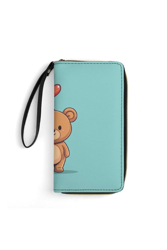 Womens Wallet Bifold Ladies Cluth Bag Wristlet Wrist Strap Long Purse Bear Love Design