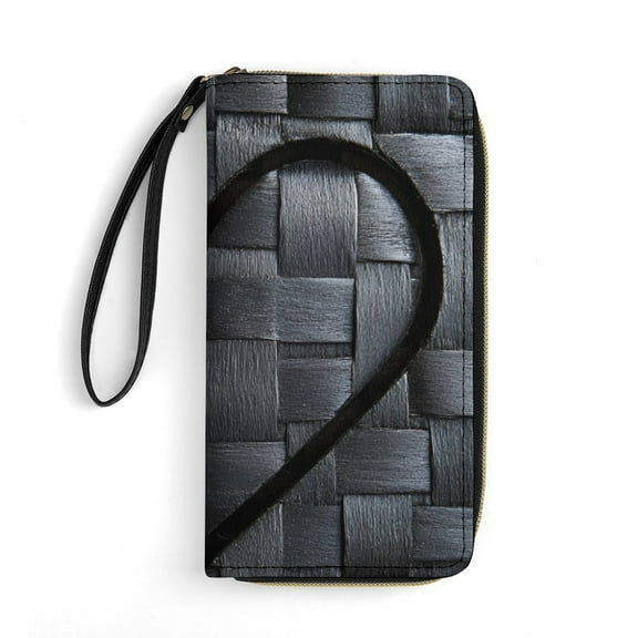 Womens Wallet Bifold Ladies Cluth Bag Wristlet Wrist Strap Long Purse Black Heart Pattern Design