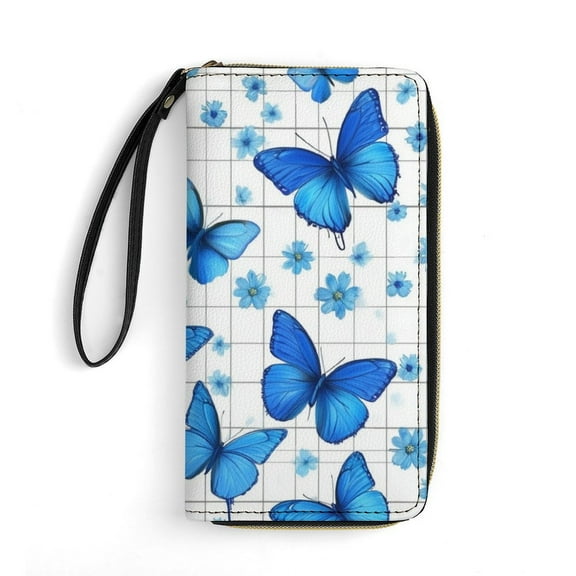 Womens Wallet Bifold Ladies Cluth Bag Wristlet Wrist Strap Long Purse Blue Butterfly Flower Design