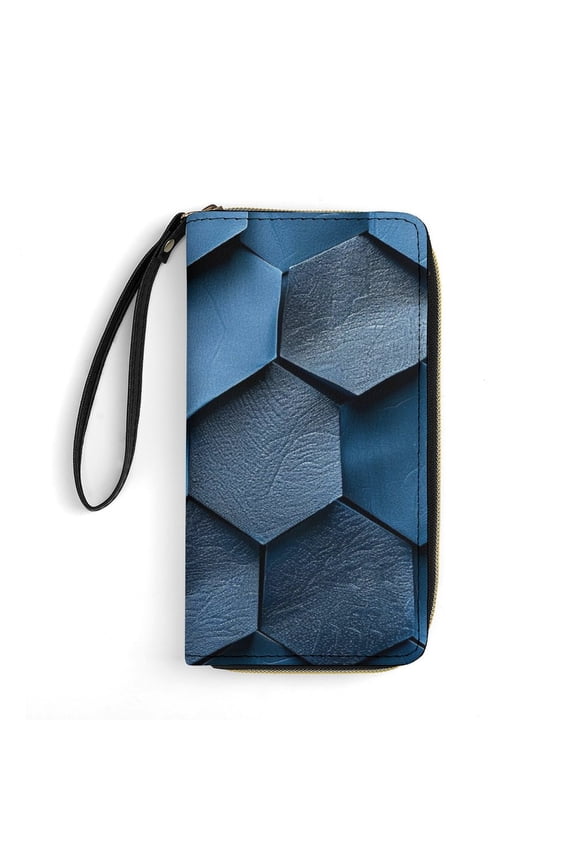 Womens Wallet Bifold Ladies Cluth Bag Wristlet Wrist Strap Long Purse Blue Leather Hive Pattern Design