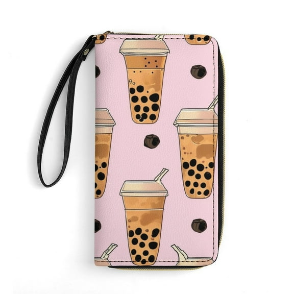 Womens Wallet Bifold Ladies Cluth Bag Wristlet Wrist Strap Long Purse Boba Milk Tea Design