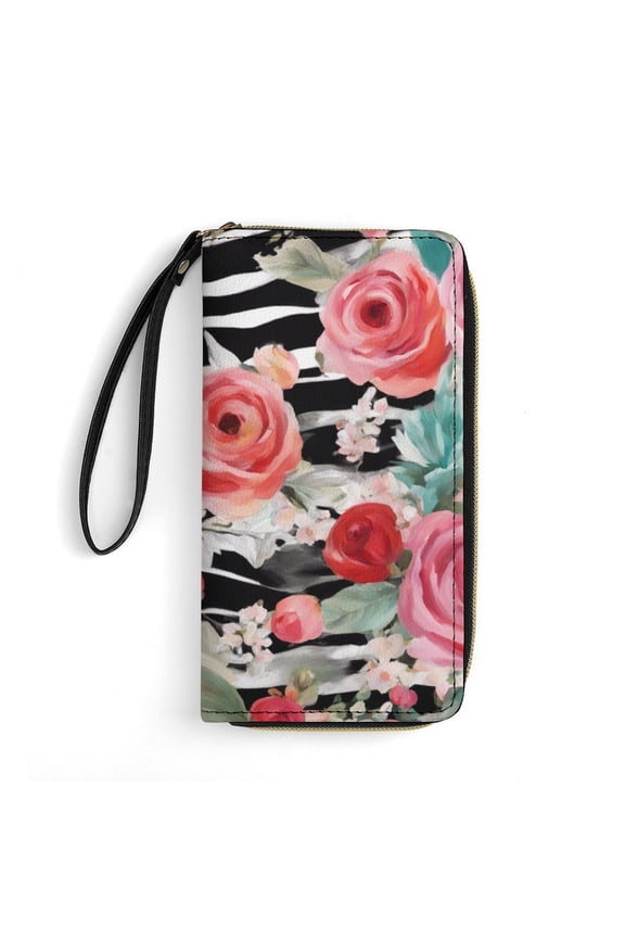 Womens Wallet Bifold Ladies Cluth Bag Wristlet Wrist Strap Long Purse Boho Chic Flowers Design