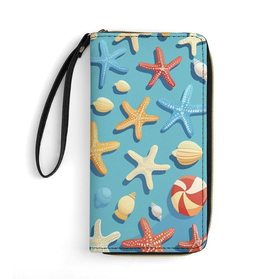 Womens Wallet Bifold Ladies Cluth Bag Wristlet Wrist Strap Long Purse Cartoon Starfish Shells Design