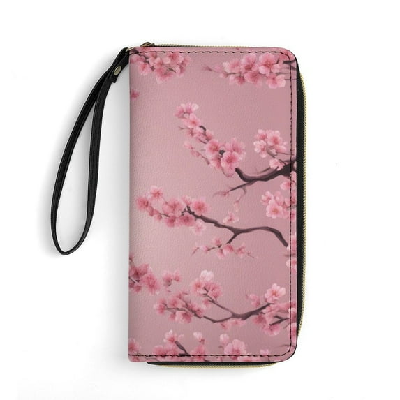 Womens Wallet Bifold Ladies Cluth Bag Wristlet Wrist Strap Long Purse Cherry Blossom Design
