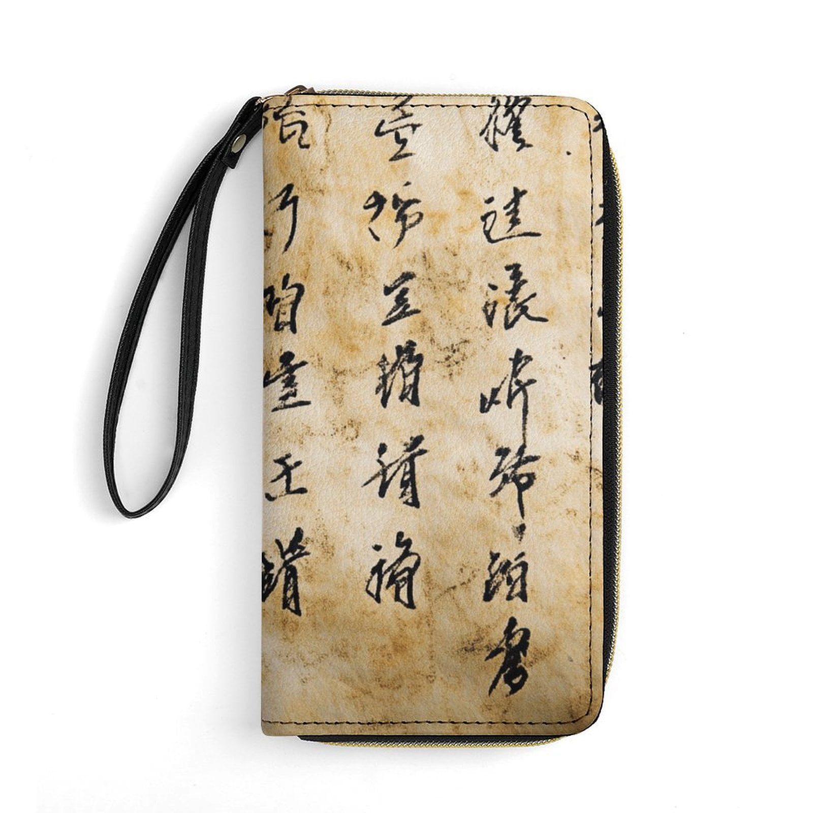 Womens Wallet Bifold Ladies Cluth Bag Wristlet Wrist Strap Long Purse Chinese Word Design