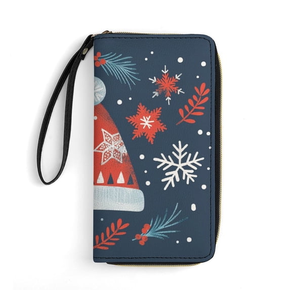 Womens Wallet Bifold Ladies Cluth Bag Wristlet Wrist Strap Long Purse Christmas Hat Pattern Design