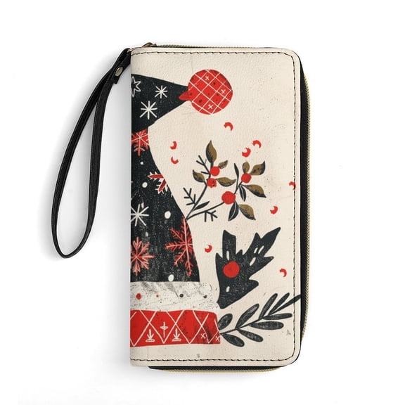 Womens Wallet Bifold Ladies Cluth Bag Wristlet Wrist Strap Long Purse Christmas Hat Pattern Design