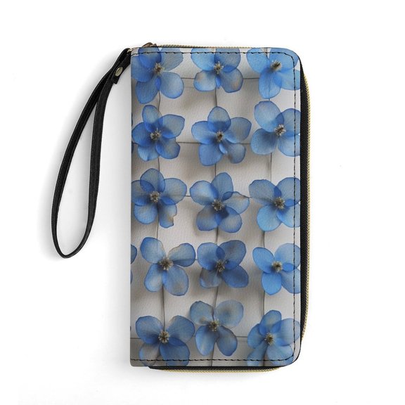 Womens Wallet Bifold Ladies Cluth Bag Wristlet Wrist Strap Long Purse Cobalt Blue Flowers Design