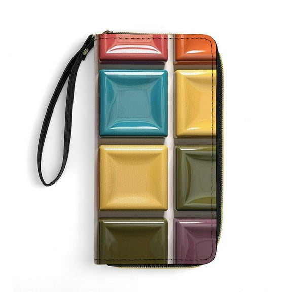 Womens Wallet Bifold Ladies Cluth Bag Wristlet Wrist Strap Long Purse Colorful Abstract Vibrant Ceramic Geometric Pattern Design