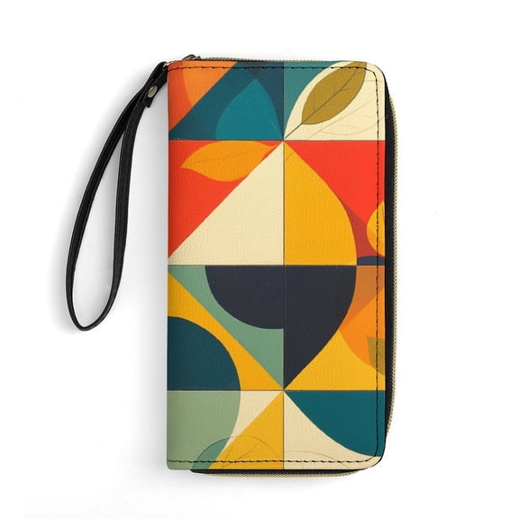 Womens Wallet Bifold Ladies Cluth Bag Wristlet Wrist Strap Long Purse Colorful Abstract Vibrant Geometric Shape Design