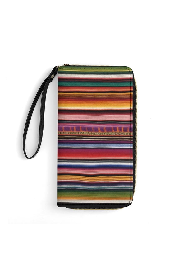 Womens Wallet Bifold Ladies Cluth Bag Wristlet Wrist Strap Long Purse Colorful Mexican Poncho Stripes Design
