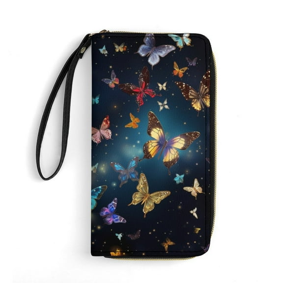Womens Wallet Bifold Ladies Cluth Bag Wristlet Wrist Strap Long Purse Cosmic Butterfly Design