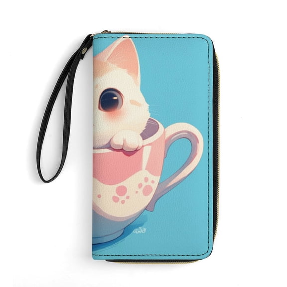 Womens Wallet Bifold Ladies Cluth Bag Wristlet Wrist Strap Long Purse Cute Cap Cup Design