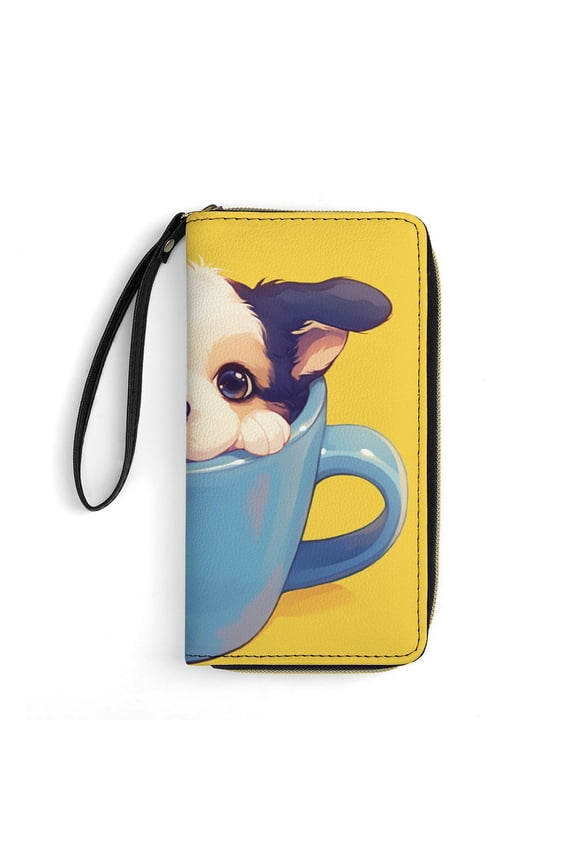 Womens Wallet Bifold Ladies Cluth Bag Wristlet Wrist Strap Long Purse Cute Dog In Teacup Design