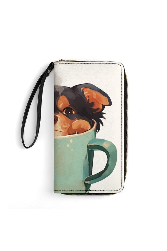 Womens Wallet Bifold Ladies Cluth Bag Wristlet Wrist Strap Long Purse Cute Dog In Teacup Design