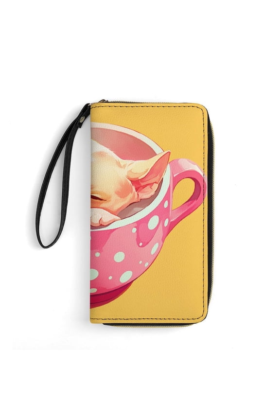 Womens Wallet Bifold Ladies Cluth Bag Wristlet Wrist Strap Long Purse Cute Dog In Teacup Design
