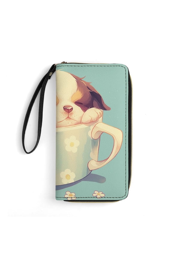 Womens Wallet Bifold Ladies Cluth Bag Wristlet Wrist Strap Long Purse Cute Dog In Teacup Design