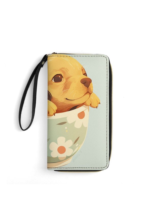 Womens Wallet Bifold Ladies Cluth Bag Wristlet Wrist Strap Long Purse Cute Doggie Teacup Design