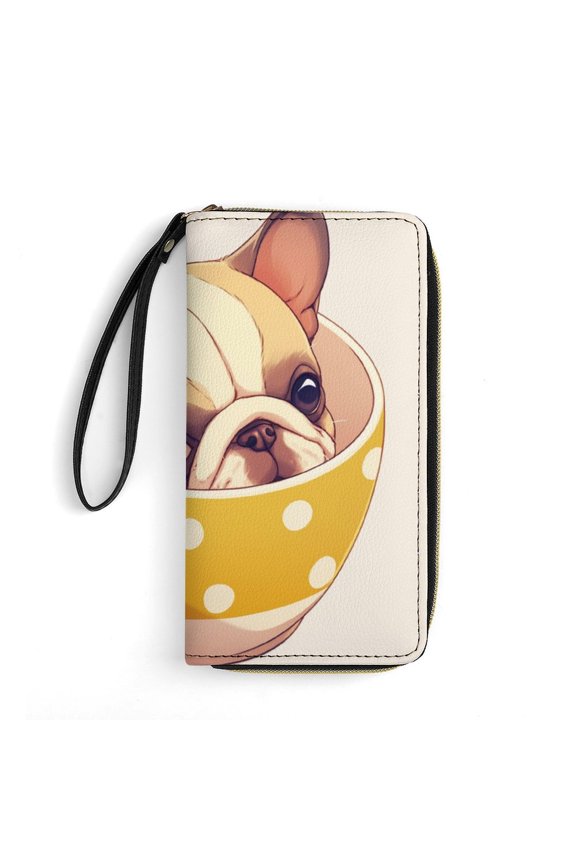 Womens Wallet Bifold Ladies Cluth Bag Wristlet Wrist Strap Long Purse Cute Doggie Teacup Design