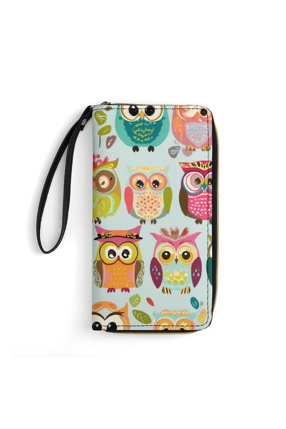 Womens Wallet Bifold Ladies Cluth Bag Wristlet Wrist Strap Long Purse Cute Owl Pattern Design