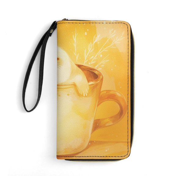 Womens Wallet Bifold Ladies Cluth Bag Wristlet Wrist Strap Long Purse Cute Seal In Cup Design