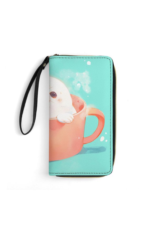Womens Wallet Bifold Ladies Cluth Bag Wristlet Wrist Strap Long Purse Cute Seal Teacup Design