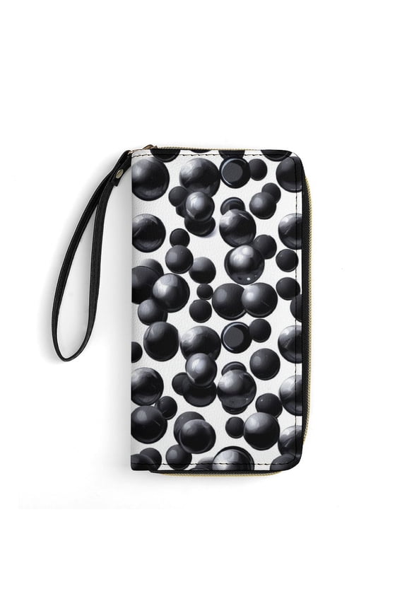 Womens Wallet Bifold Ladies Cluth Bag Wristlet Wrist Strap Long Purse Dark Ball Pattern Design