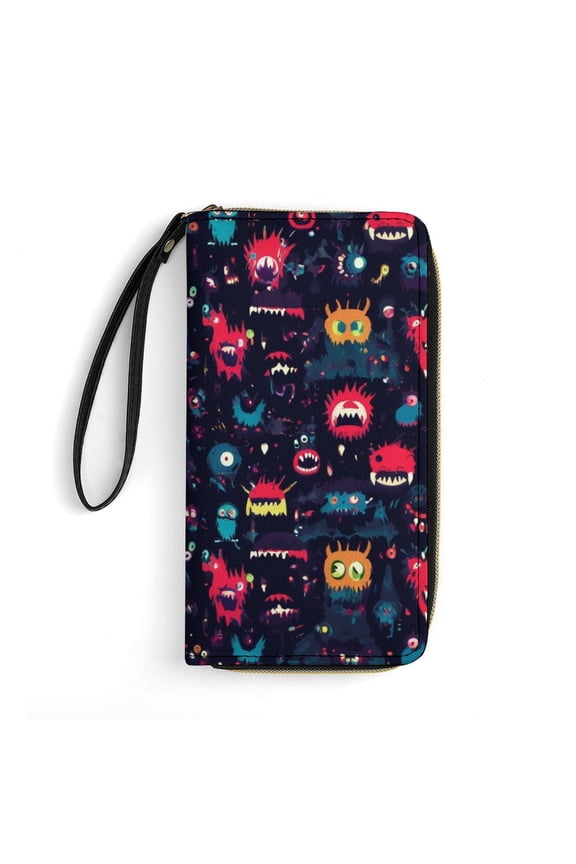 Womens Wallet Bifold Ladies Cluth Bag Wristlet Wrist Strap Long Purse Dark Monster Pattern Design