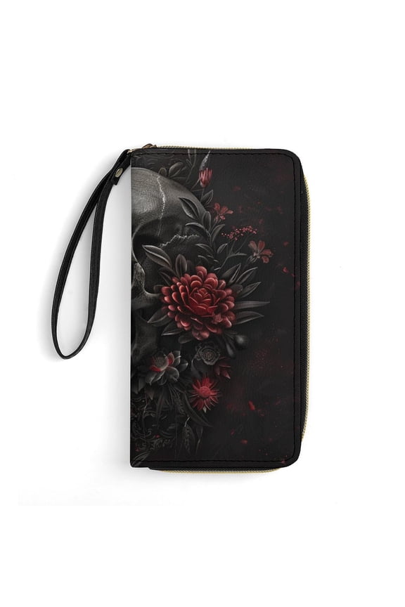 Womens Wallet Bifold Ladies Cluth Bag Wristlet Wrist Strap Long Purse Dark Skull Flower Design