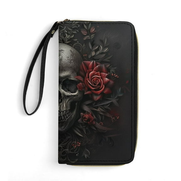 Womens Wallet Bifold Ladies Cluth Bag Wristlet Wrist Strap Long Purse Dark Skull Flower Design