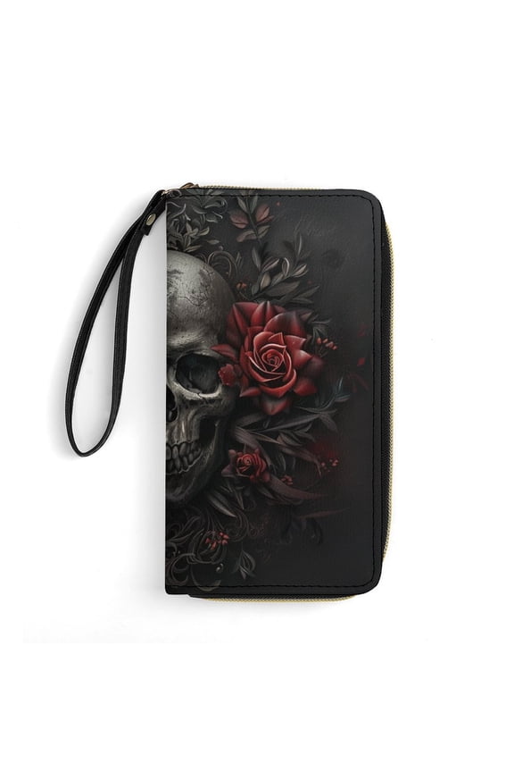 Womens Wallet Bifold Ladies Cluth Bag Wristlet Wrist Strap Long Purse Dark Skull Flower Design