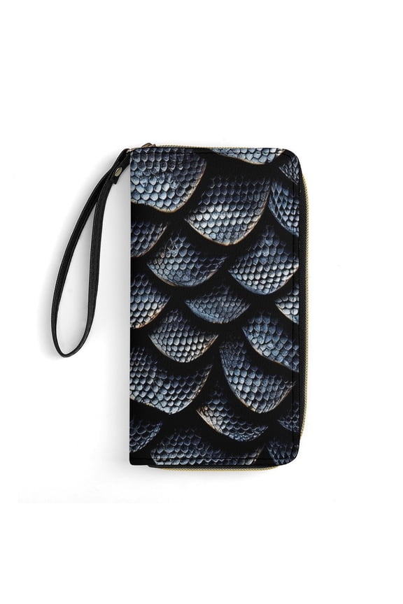 Womens Wallet Bifold Ladies Cluth Bag Wristlet Wrist Strap Long Purse Dark Snakeskin Scale Pattern Design